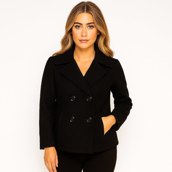 American Eagle Womans Black Wool-Blend Pea Coat: Classic Minamalist Size Med - Picture 1 of 5